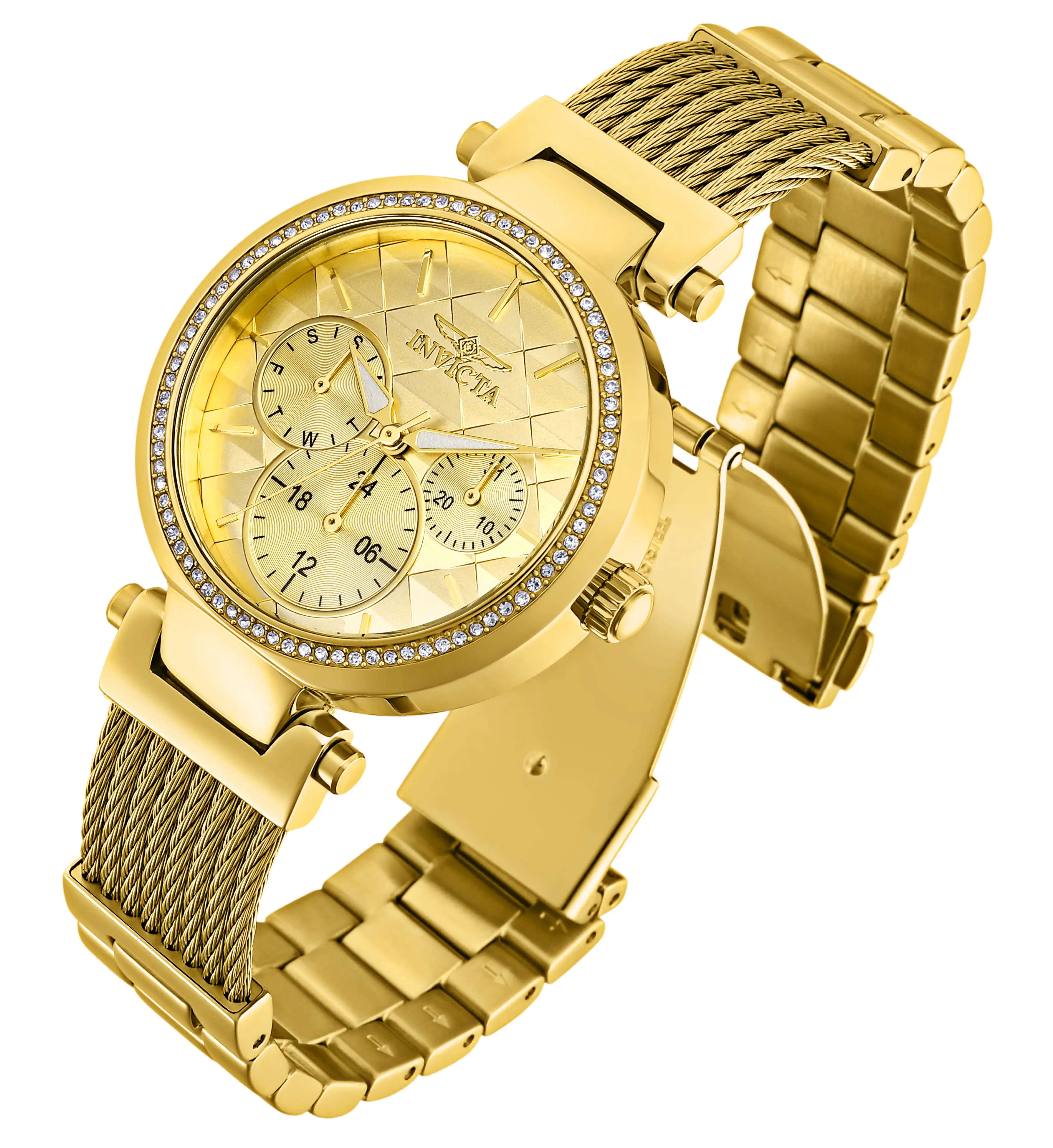 Invicta Women's Gold Watch — Twisted Cable Bracelet, Crystal-Set Bezel, Quilted Gold Dial — 36mm Refined Ladies Watch — Authentic, New in Box, Fashion Quartz Watches, Wrist-Worn Quartz Watches