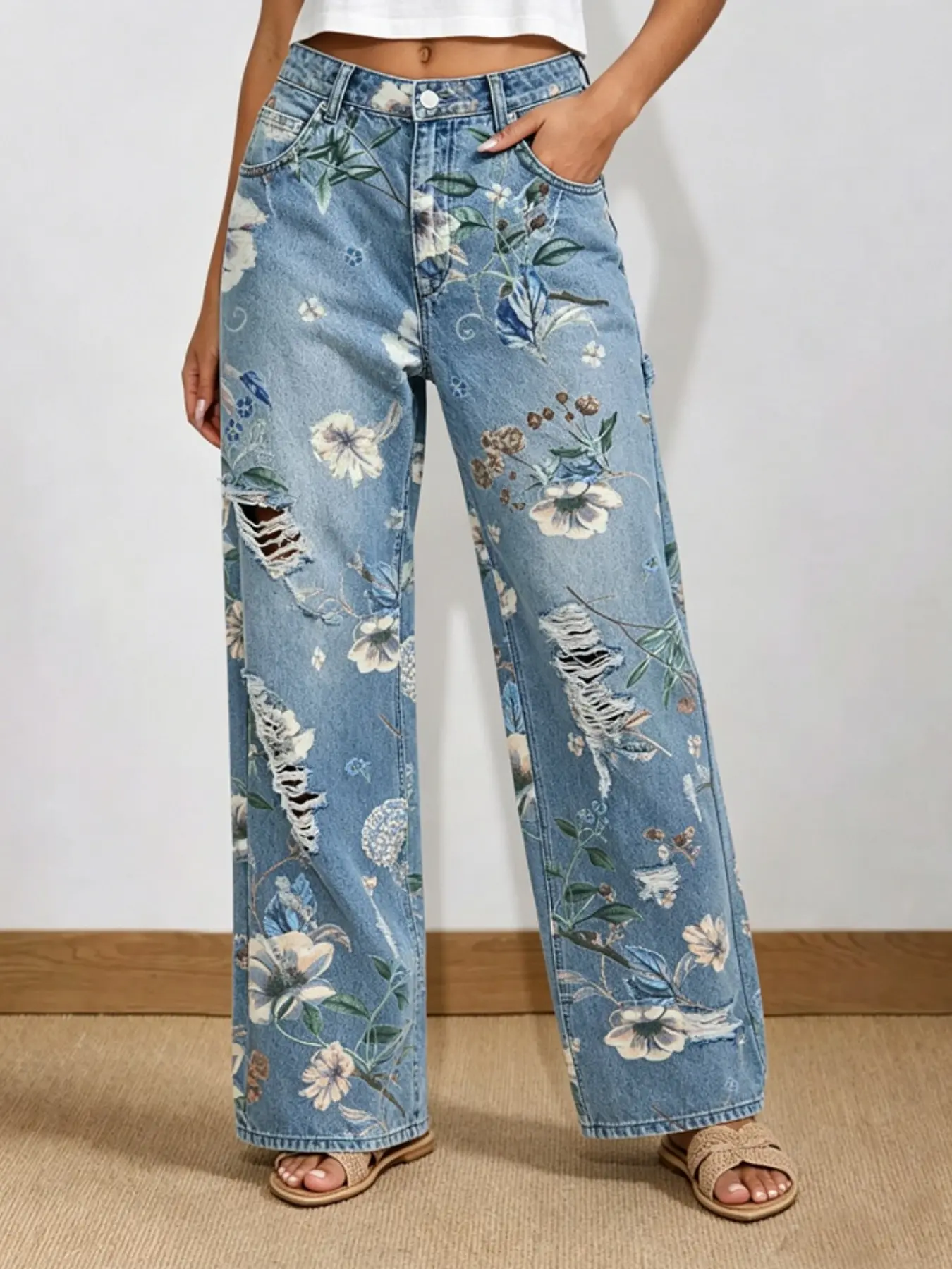 Women's Ripped Floral Print Denim Jeans, Casual Loose Fit Baggy Oversized Vintage Style, Streetwear, Long Pants for Everyday Wear, Fashionable and Comfortable