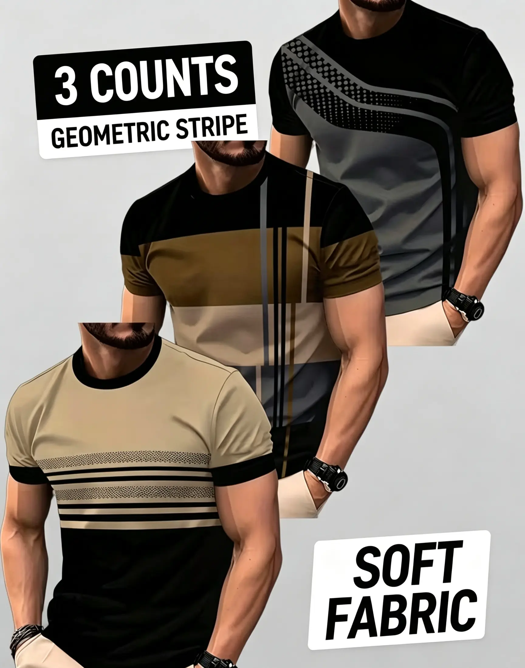MTTYYD Men's 3-Pack Slim Fit Stripe Graphic T-Shirts, Soft Geometric Patchwork Crewneck Short-Sleeve Set, Lightweight Breathable Twill Colorblock Streetwear for Summer Sports, Matching Sporty Chic Athletic Tops
