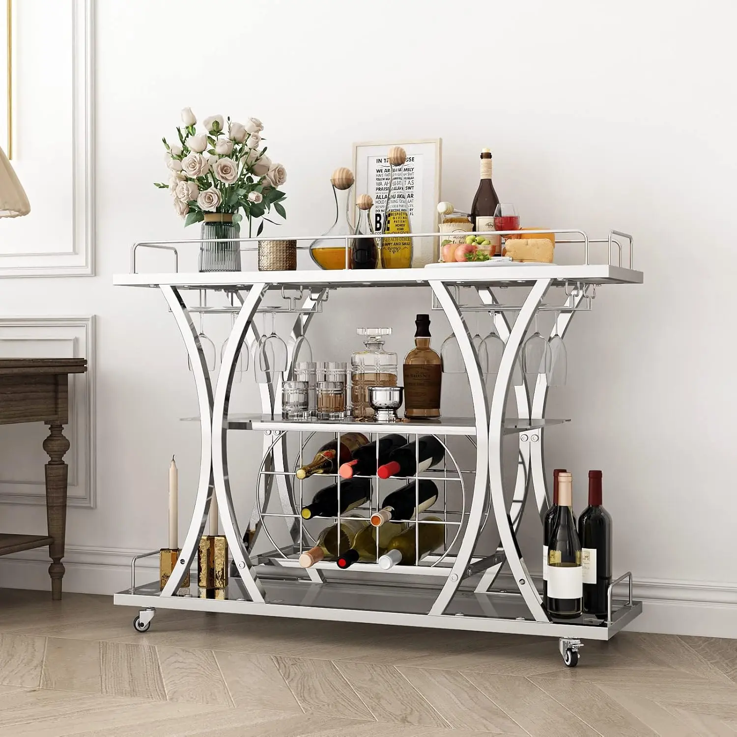 Silver Bar Carts with Glass Holders & Wine Rack,3 Tier Home Bar Serving Carts with Glass Shelves,Metal Rolling Bar Carts for The Home Kitchen, Party
