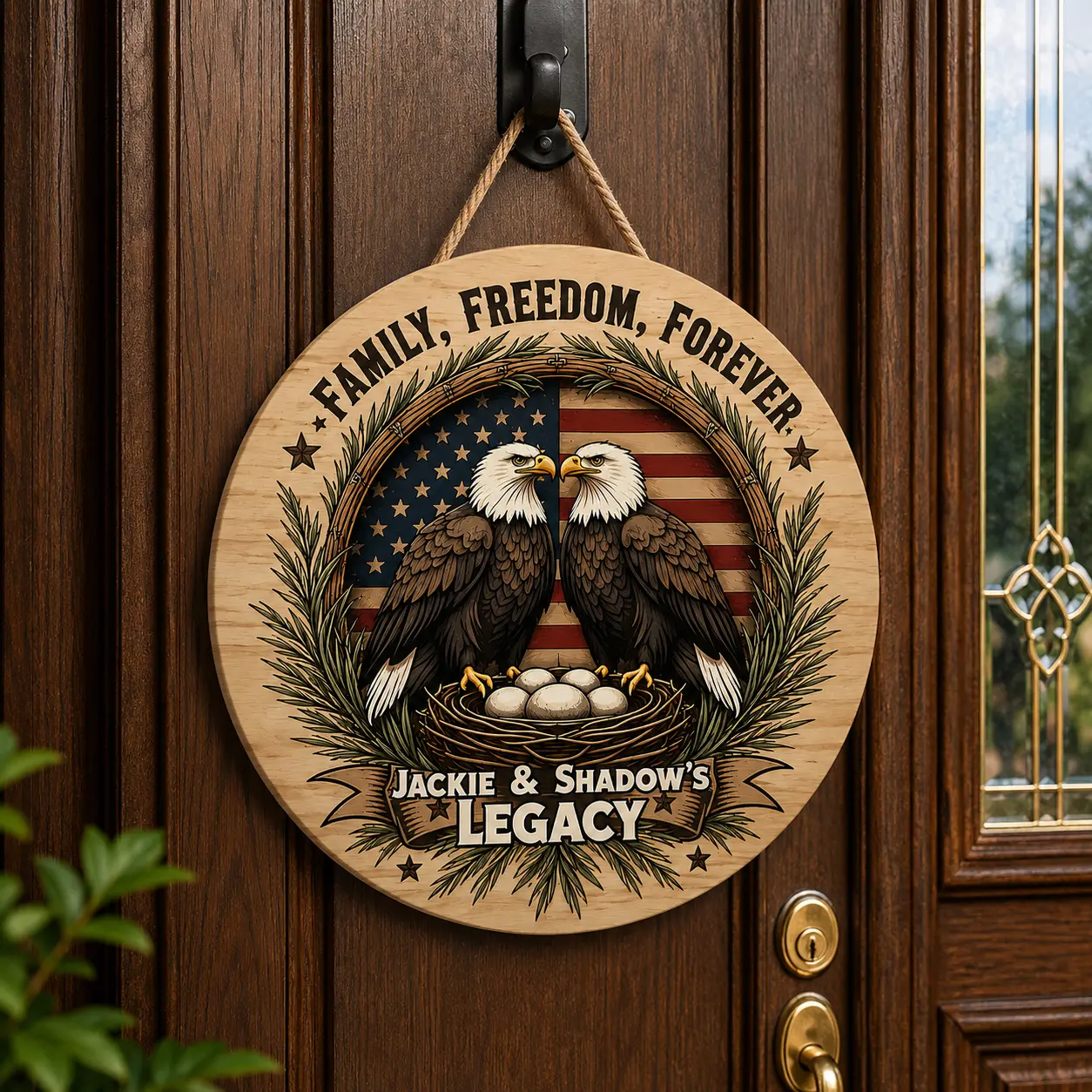 Jackie And Shadow American Eagles Family Freedom Forever Collection Decor Door Sign Door Hanger Family Name Sign Front Door Sign, Gift Hanger For Wall Indoor Home Decor