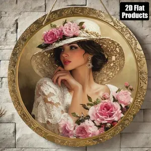 Aluminum Elegant Lady Round Wall Art with Pink Roses 2D Flat Print Vintage Style 8x8 Inch Decorative Sign for Home Kitchen