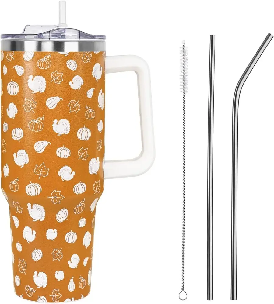 40oz Insulated Stainless Steel Vacuum Tumbler - Leak-Proof, Portable Reusable Water Bottle Mug with Thanksgiving Turkey, Pumpkin, Maple Leaves Design, Handle, Straw Lid - Women’s Winter Holiday Kitchenware Christmas Gift for Moms, Teachers, Parties