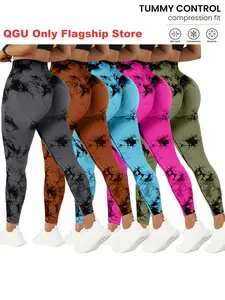 QGU 5-Pack High Waist Tummy Control Yoga Pants For Women, Summer Tie.Dye Fitness Leggings, Stretchy Running Peach Lift Workout Tights,Assorted Colors