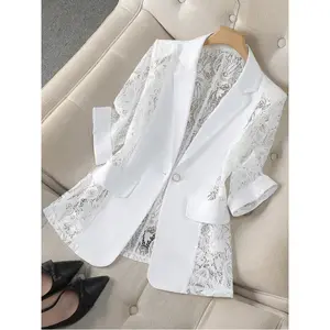 Women's translucent white blazer, lightweight, casual office wear, three-quarter sleeves, suitable for petite women, spring style