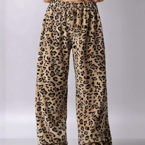 Women's Leopard Print Bow Decor Wide Leg Pants, Casual Comfy Stretchy Trousers for Daily Wear, Ladies Bottoms for Fall & Winter