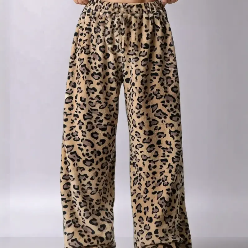 Women's Leopard Print Bow Decor Wide Leg Pants, Casual Comfy Stretchy Trousers for Daily Wear, Ladies Bottoms for Fall & Winter