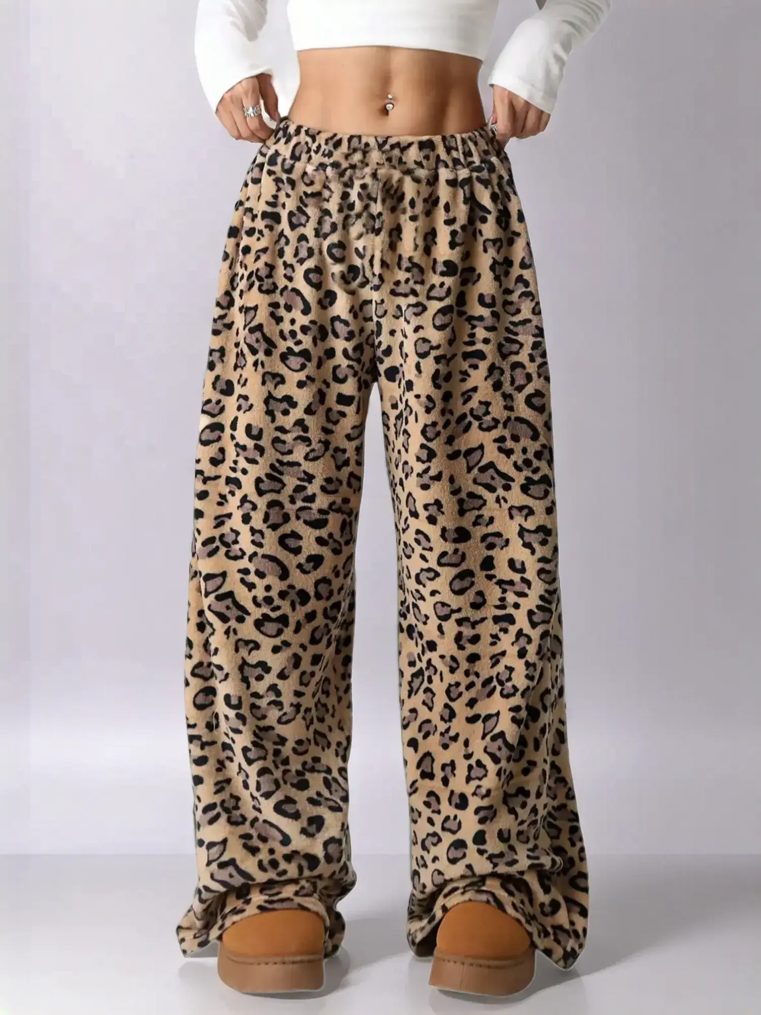 Women's Leopard Print Bow Decor Wide Leg Pants, Casual Comfy Stretchy Trousers for Daily Wear, Ladies Bottoms for Fall & Winter