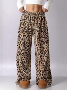 women's leopard print bow decor wide leg pants, casual fit comfy trousers for daily wear, ladies loose bottoms for fall & winter, trousers for women, pants for women, oversized womenswear