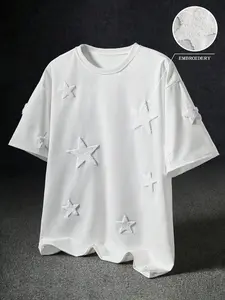 Unisex design; star embroidery on a relaxed-fit Round Neck T-shirt with 3D stitching details; simple and casual style; loose and comfortable; streetwear; suitable for everyday casual wear, layering pieces, and as a gift.