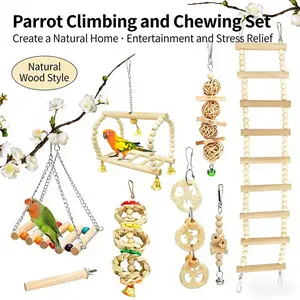 8-piece wooden bird toy set, combination bird swing, perches and ladders for birdcage decoration, parrot chewing and playing toy (bead colors are random)