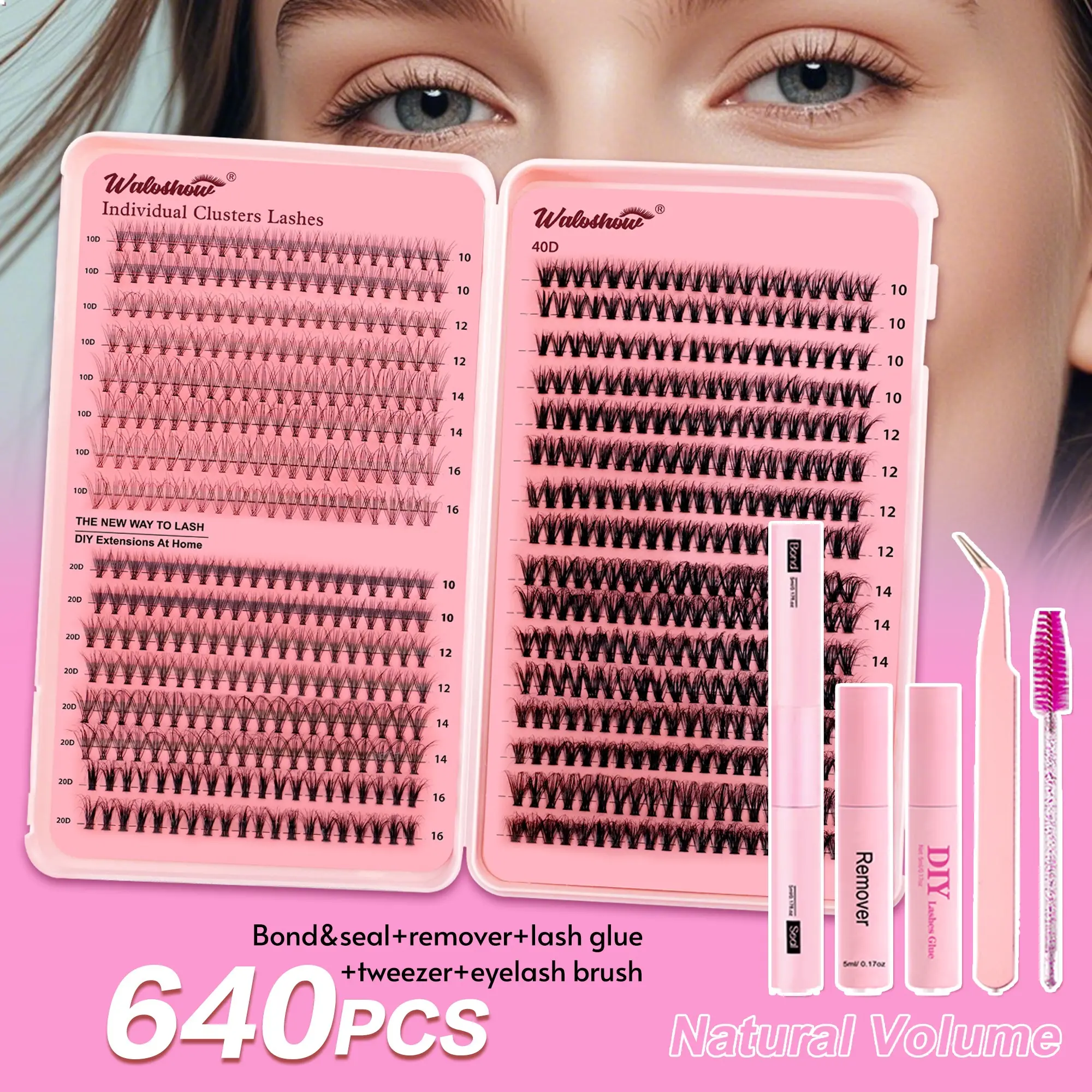 640 Individual Eyelash Clusters Extensions False Eyelashes, 10D 20D 40D, Volume Individual Lashes, Professional Glue Set, Lash Kit, DIY Natural Curl Effect, Reusable Soft Lightweight