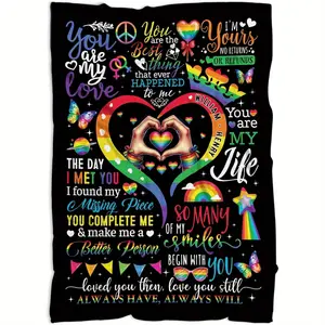 1pc Couple Gifts Rainbow Blanket, Vintage Flannel Polyester 100% Knit Fabric, Digital Print, 250-300 g/㎡, Machine Wash, Mixed Color, for Anniversary, Valentine'S Day, Birthday, Wedding, Lesbian, Gay Pride, Bisexual, Transgender, Girlfriend, Boyfriend