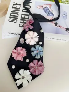 Trendy Street Style Short Tie, Polyester Material, Floral Embroidered Pearl Decoration, Women's Fashion Accessory, Perfect for Concerts & Parties