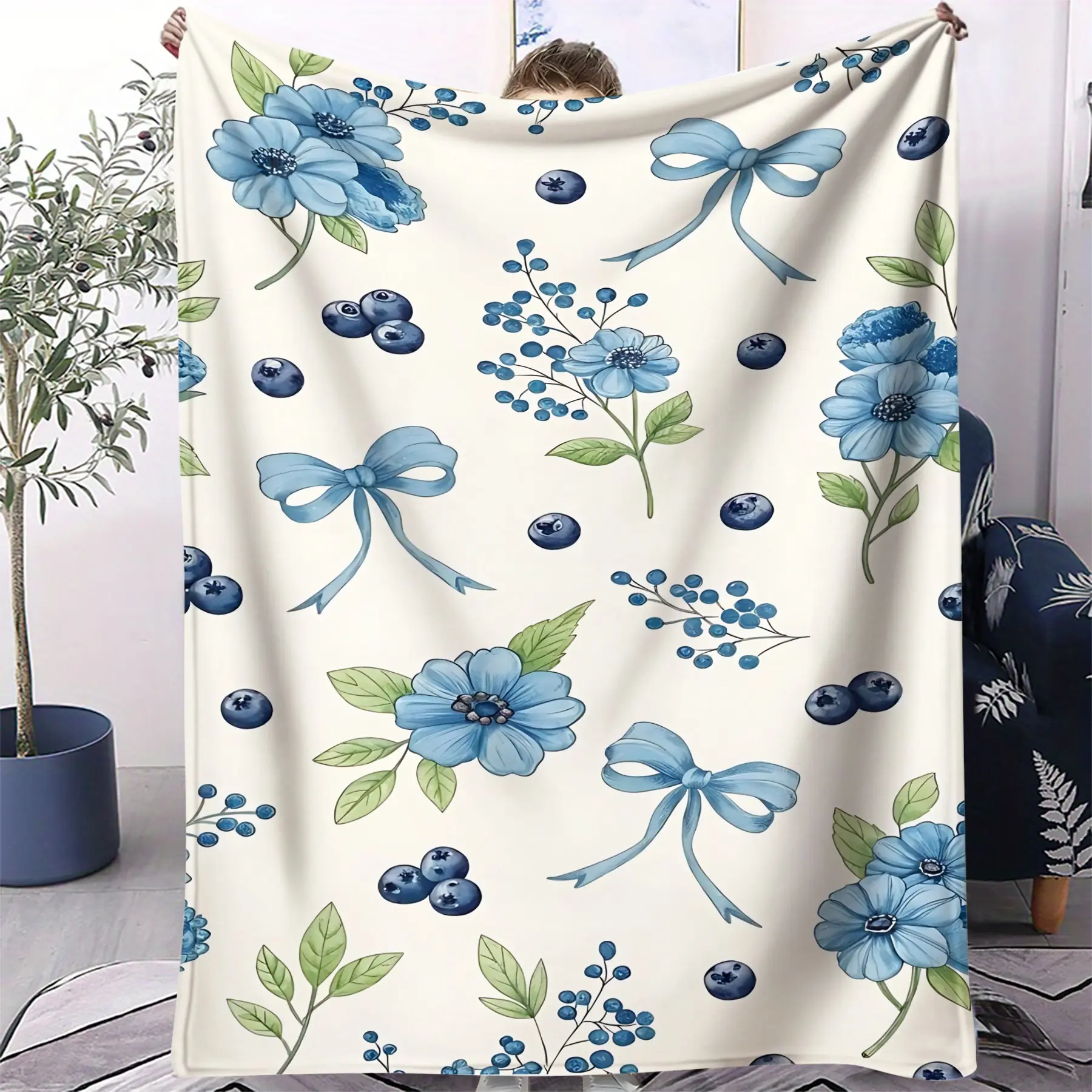 Blueberry Flower Bow Print Flannel Blanket, Fresh Country Style Blue Design, High Weight Thickened Warm Throw Blanket, for Girls Bedroom, Living Room, Sofa, Home Decor