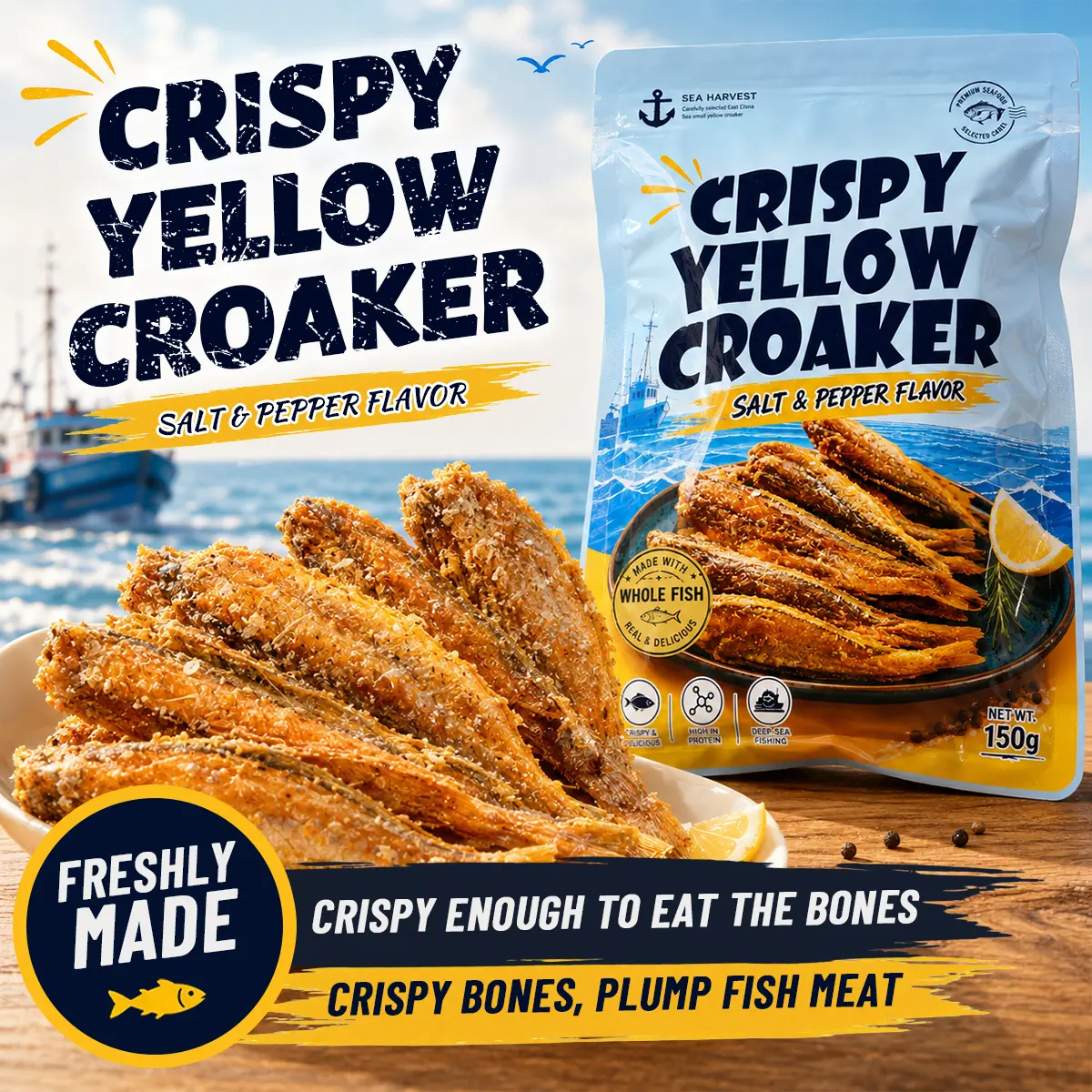 High protein, low carbohydrate, 100% natural: Made from wild deep-sea fish, rich in high-quality protein, calcium, and Omega-3 fatty acids - Yellow Croaker Crisps-V