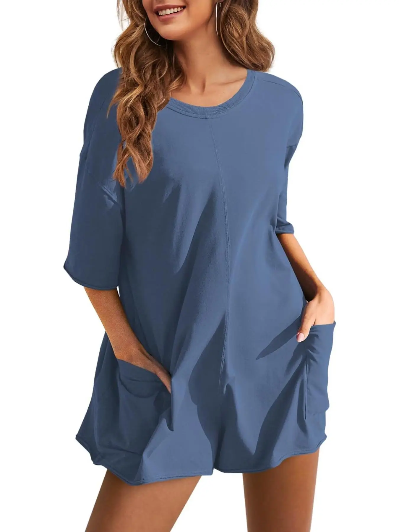 Women's Plain Pocket Drop Shoulder Half Sleeve Romper, Casual Fashion Round Neck Half Sleeve Romper for Summer, Women's One-piece Clothing for Daily W