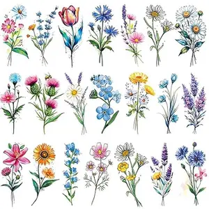 20 Sheets 3D Watercolor Flowers Temporary Tattoos For Women Girls Lily Daisy Lavender Dandelion Rose Tiny Floral Tattoos Sticker Realistic Long Lasting Fake Tattoo Stickers