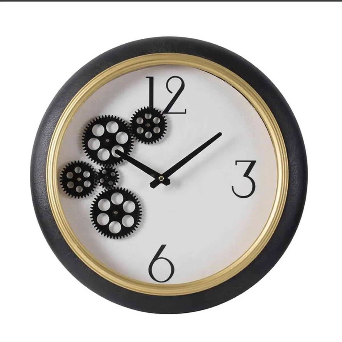 360 stand 16 in. Minimalist Industrial Round Wall Clock - Black, Gold & White Faux Leather-Metal Analog Exposed Gear, Iron & Glass, Wall-Mount Home Decor Accessory, Decorative, Modern, Wall Clocks
