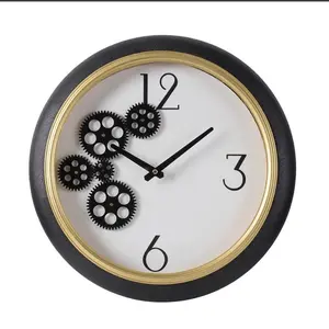 360 stand 16 in. Minimalist Industrial Round Wall Clock - Black, Gold & White Faux Leather-Metal Analog Exposed Gear, Iron & Glass, Wall-Mount Home Decor Accessory, Decorative