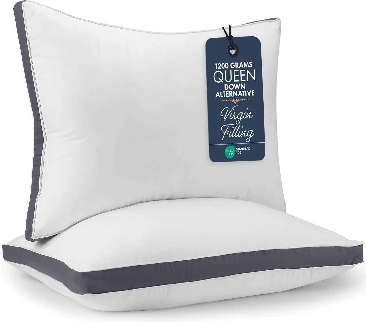 Beddora Gusset Bed Pillow Queen Size 20x30/36 Inches, Set of 2 Hotel Style Pillows, Grey Cotton Blend Down Alternative Sleeping Pillows, Soft Fluffy Cooling Comfort for Back, Side & Stomach Sleepers