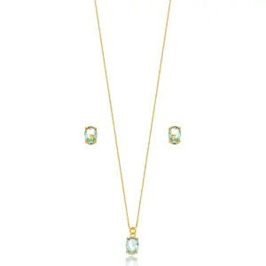 Small Oval Aquamarine Earrings and Necklace Set - 18k Gold Plated