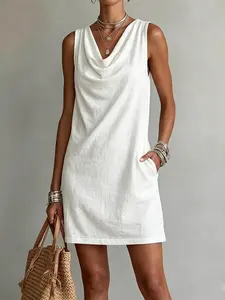 Simple Solid Color Drop Shoulder Sleeveless Dress, Casual Daily Wear, Versatile Straight Leg Dress, Perfect for Everyday