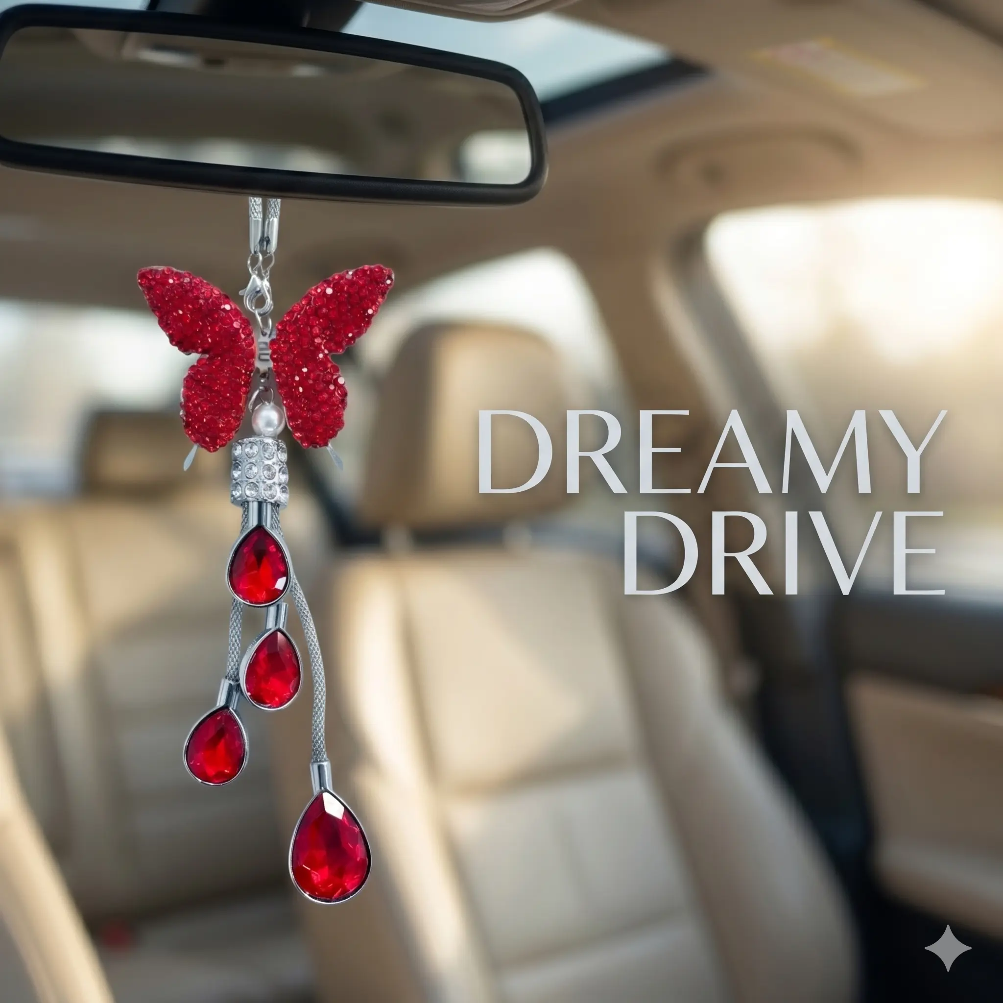 Red Butterfly Crystal Rearview Mirror Pendant, Bling Rhinestone Hanging Decor, Mother's Day Gift Idea, Fashion Auto Interior Accessories