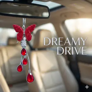 Red Butterfly Crystal Rearview Mirror Pendant, Bling Rhinestone Hanging Decor, Mother's Day Gift Idea, Fashion Auto Interior Accessories