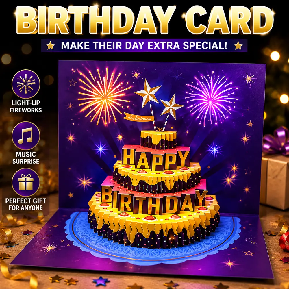 3D Pop Up Light Up Musical Birthday Card Fireworks and Stars Design Happy Birthday Cake Greeting Card Glowing Music Notes Light  Sound Effect Birthday Gift Card Men Women Kids Friends Family Birthday Party Decoration Supplies Back to School  Valentine
