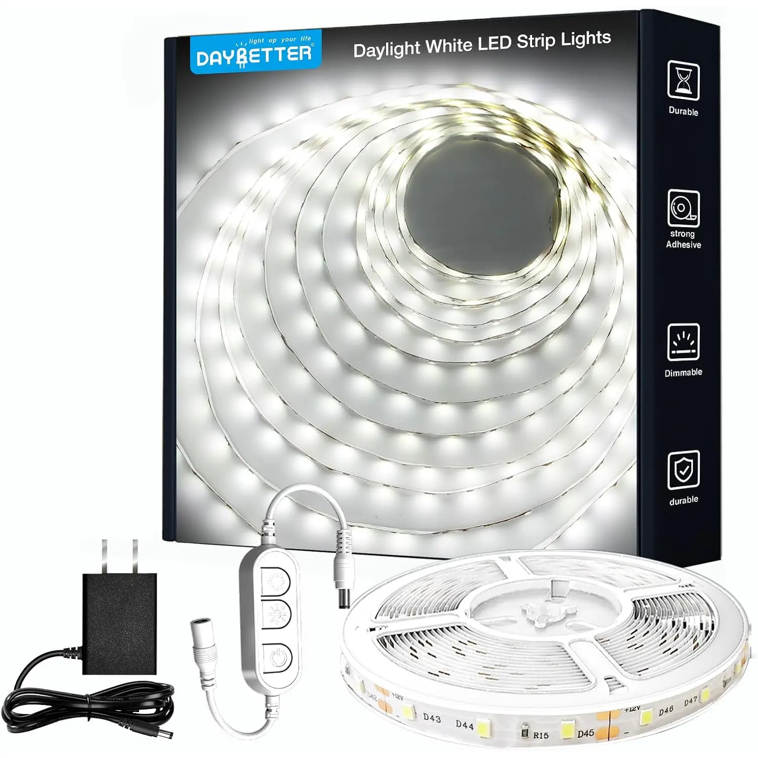 White LED Strip Light, 20 ft Dimmable Bright Rope Lighting, 6500K 24V Strips, 360 LEDs 2835 Tape Lights for Bedroom, Kitchen, Mirror, Home Decoration(1 Roll)