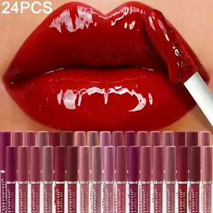 24Pcs Mirror Water Lip Gloss Set Long Lasting Natural Non Sticky Makeup Waterproof Sumdgproof Lipstick Smooth Matte High Color Lip Glaze Suitable All Skin Types Cosmetic