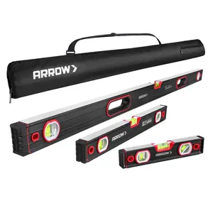 ARROW 3-Pack Spirit Level Set Included 9"/16"/48" Level with 45°/90°/180° Bubbles, Carrying Bag, Aluminum Alloy Body, Precision-Machined Base & Shockproof Rubber End Caps for Construction, Carpentry