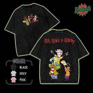 Ed Edd n Eddy v3 Washed Cotton Shirt, Cartoon Vintage Graphic Tee, Double Sided Print Retro 90s Animation T-Shirt, Streetwear Washed Cotton Top Mens Unisex