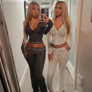Women's Polka Dot Long Sleeve Hooded Zipper Crop Top & Cuffed Waist Flared Pants Two Piece Set 2025 Fall & Winter New Slim Fit Elegant Casual Wear Sports Loungewear Sexy Outfit