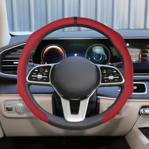 Sporty Perforated Nappa Leather 5D Steering Wheel Cover with Red Circular Trim Universal fit Any 14 ½ to 15 inches Car Pickup SUV Sedans