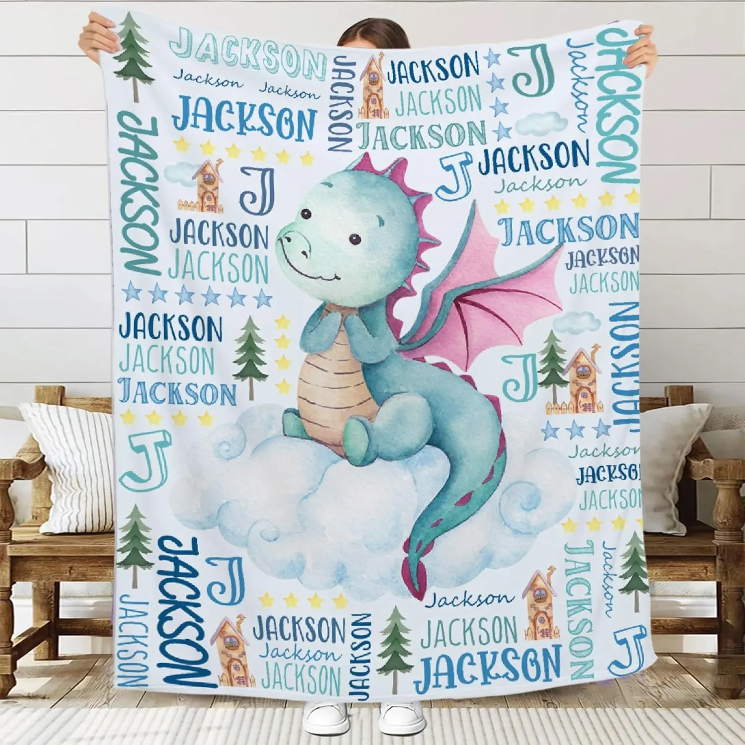 Personalized Dragon Print 100% Polyester  Blanket - Custom Name Flannel Weave Swaddling Throw,  Use, Custom Blanket, Personalized Blankets