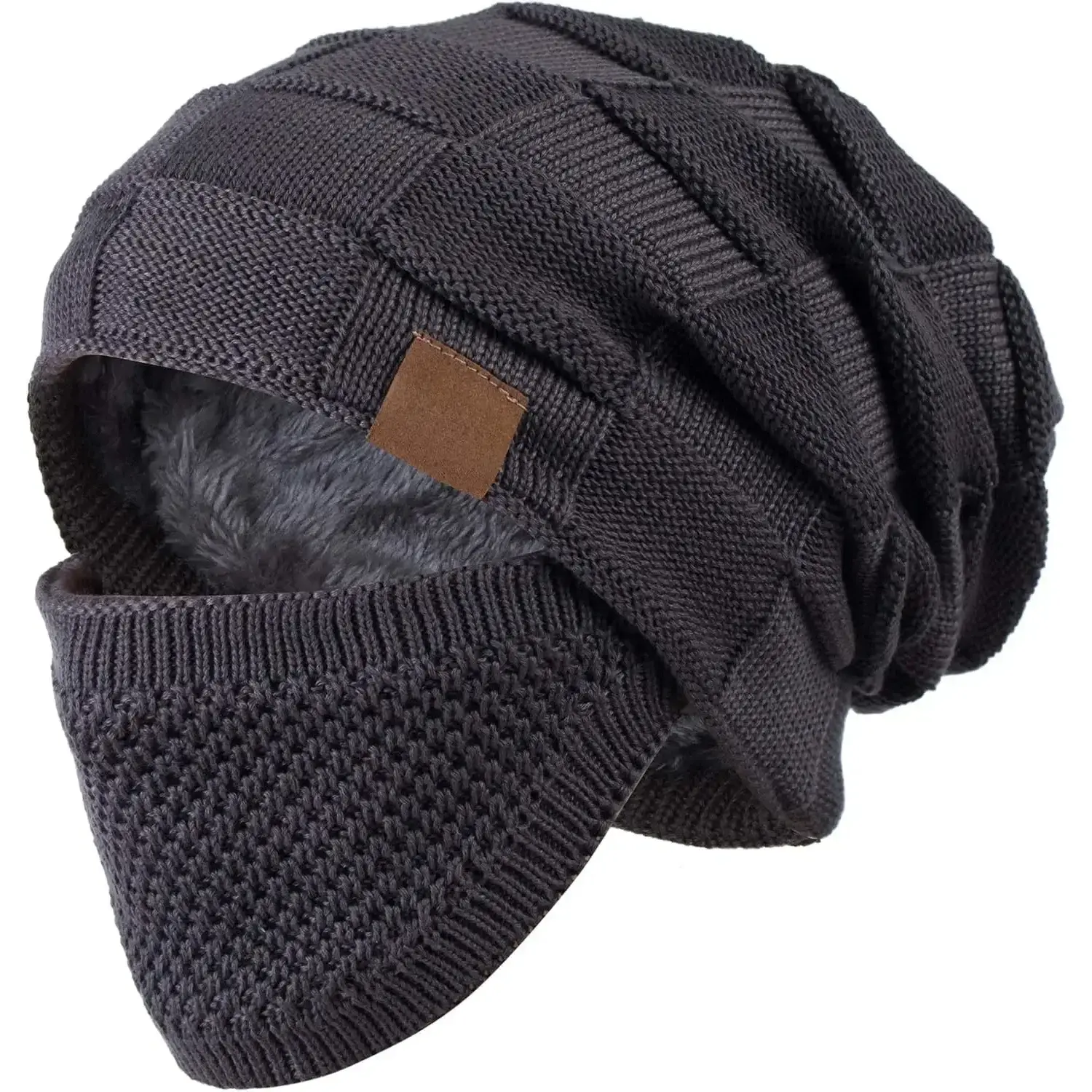 Unisex Cable Knit Winter Warm Beanie Hat - Fashionable Slouchy Thick Skull Cap with Face Cover, Cable Knit Hat, Fashionable Hat