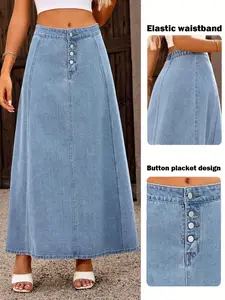 Classic Fashion Daily Women's Non-Elastic Simple Button Design Denim Skirt, Stylish and Comfortable, Perfect for Everyday Wear