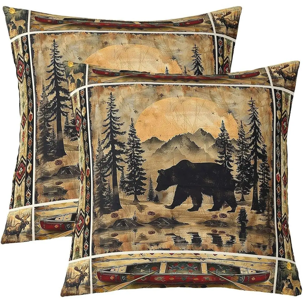 Rustic Cabin Cushion Case,Black Bears Decor Pillowcase Southwestern Throw Pillow Covers Aztec Bedroom Decor