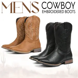 CYNLLIO Cowboy Boots for Men Retro Square Toe Chunky Heel Mid Calf Boots Classic Embroidered Pull On Western Wide Calf Cowboys Country Boots
