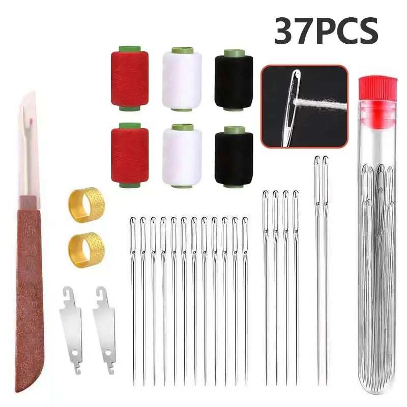 37Pcs Sewing Tool Kit for Sewing Supplies Crafts - Steel Big Eye Hand Needles, Long Thin Handmade Quilting Needles, Multifunctional Polyester Thread for DIY Projects