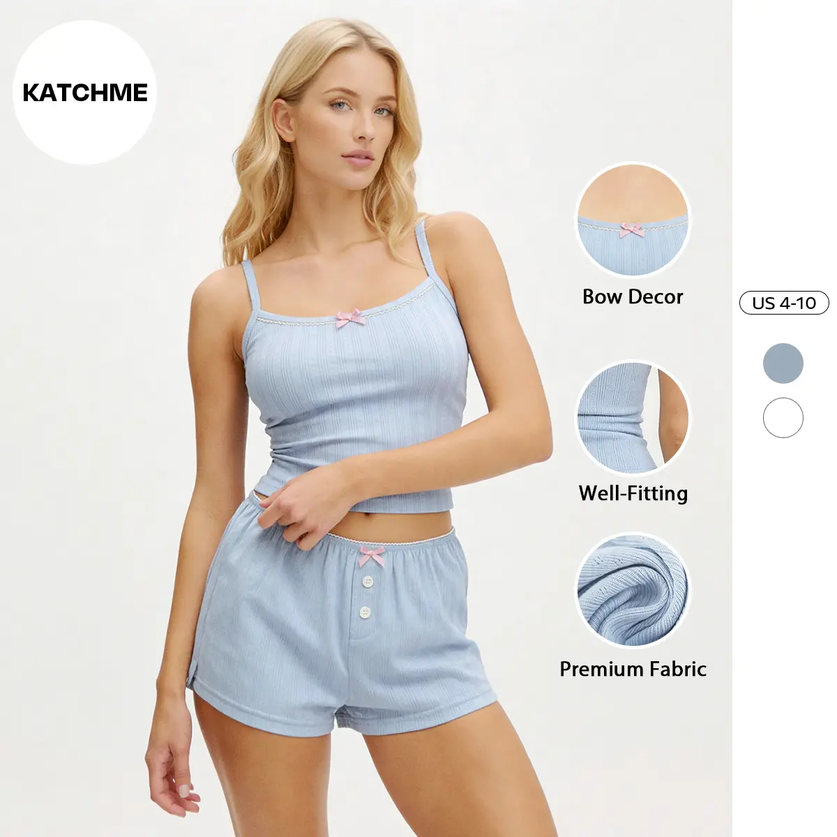 Katch Me Women's Elegant Adjustable Strap Bow Decor Stretch Camisole & Shorts Co-ord, Basic Two Piece Outfits, Breathable Sleeveless Daily Wear