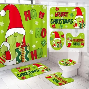 1/4pc Christmas-themed shower curtain set with green elf pattern and the word "HOHOHO" on it. Includes a holiday design, non-slip mat, U-shaped rug, and toilet seat cover, for bathroom decor. with 12 shower curtain hooks. Bathroom Decoration Accessories