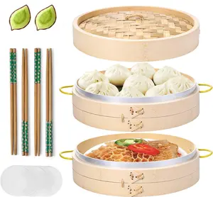 Bamboo Steamer Basket Set 10 inch Steamer for Cooking, with Side Handles Chopsticks Ceramic Sauce Dishes Paper Liners, for Dim Sum Dumplings Buns Seafoods Rice Foods