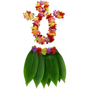 Ti Leaf Skirt Hawaiian Hula Grass Skirt with Flower Leis for WomenGirls Men Luau Party Dress Outfits