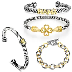 MYTYS Clover Heart MAMA Bracelet Set - Meaningful Two Tone Jewelry for Women Symbol of Love Luck and Gratitude Perfect Gift for Mom or Her