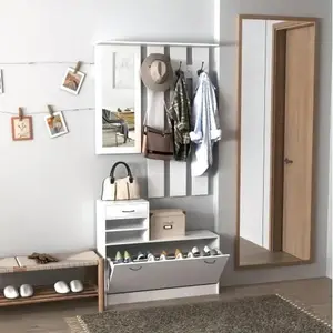 Multifunctional storage shoe cabinet with mirror, wooden hallway shoe cabinet with storage bench and shelves, entryway shoe cabinet, suitable for entry, corridor, bedroom, hallway cloakroom storage cabinet with hooks (white)