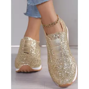 Women’s glitter sequin decorated lace-up low-top sneakers—casual, comfortable, breathable sports running shoes that are versatile basic footwear for daily wear, suitable for girls.