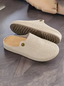 Men's PU Leather Woven Pattern Slides, Breathable Slip-On Clogs with Non-Slip Rubber Sole, Casual Mules for Home & Office
